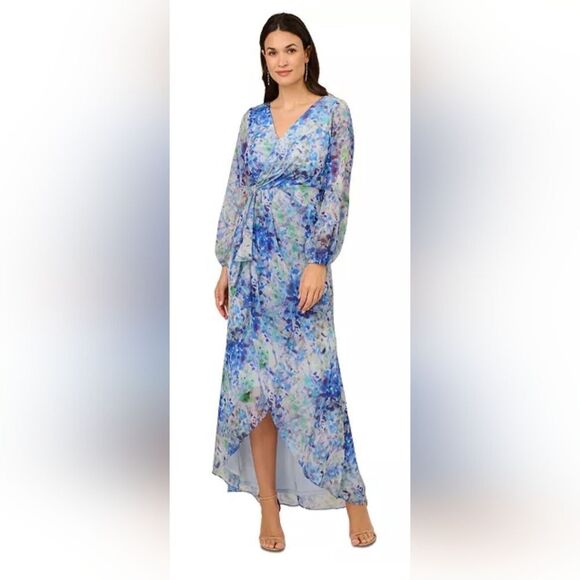 Adrianna Papell Abstract Floral Chiffon Gown NWT Size 14 Blue And White - Picture 1 of 5